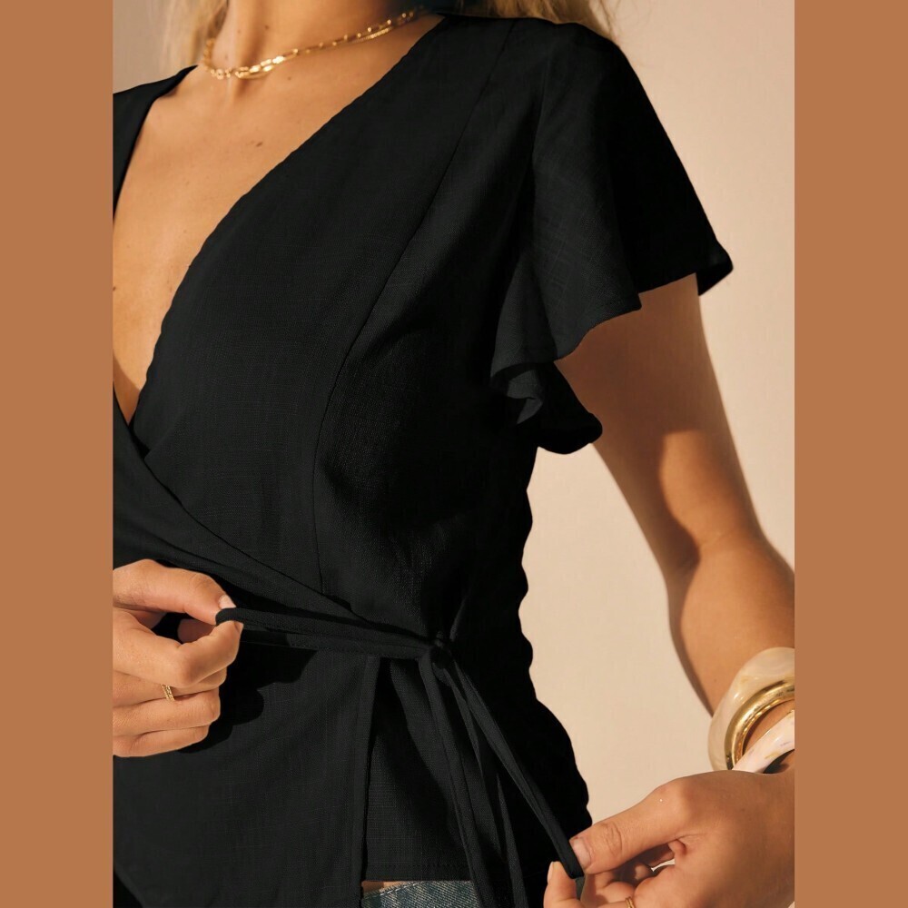 Black Wrap Front Blouse with Flutter Sleeves and Tie Waist - Picture 4 of 10